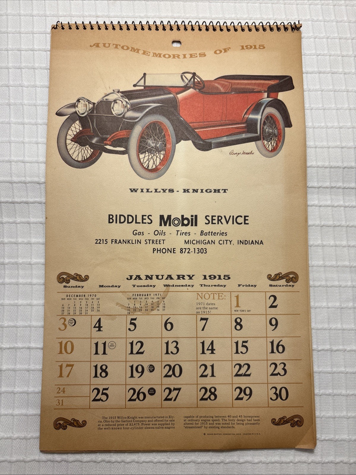 Biddles Mobil Service Station Calendar 1915 Michigan City, Indiana 1915 Vehicles