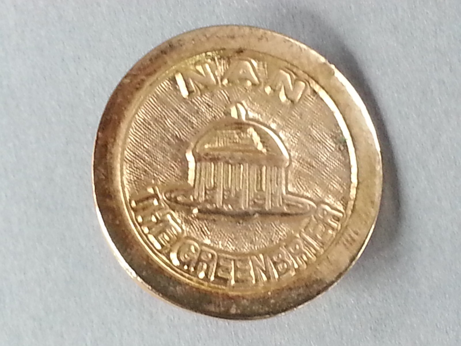 Vintage The Greenbrier Resort Hotel Advertising Pinback Button Gold Tone NAN