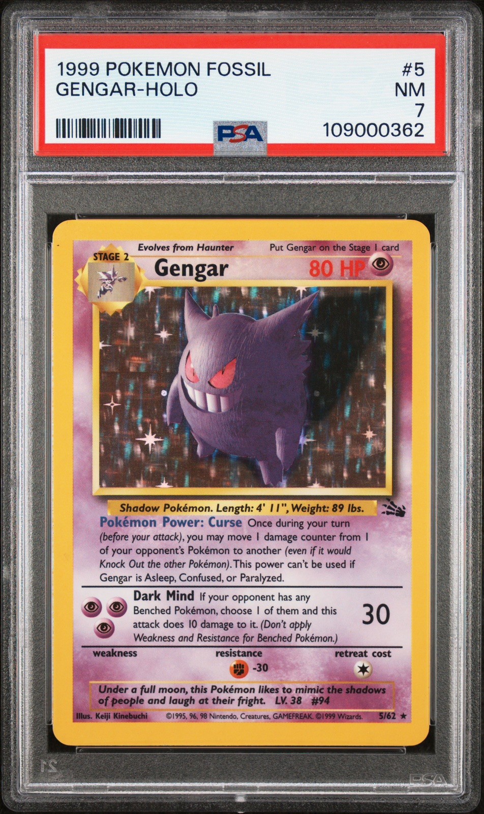 PSA 7 Gengar 5/62 Fossil Holo Rare Unlimited Pokémon Card 1999 