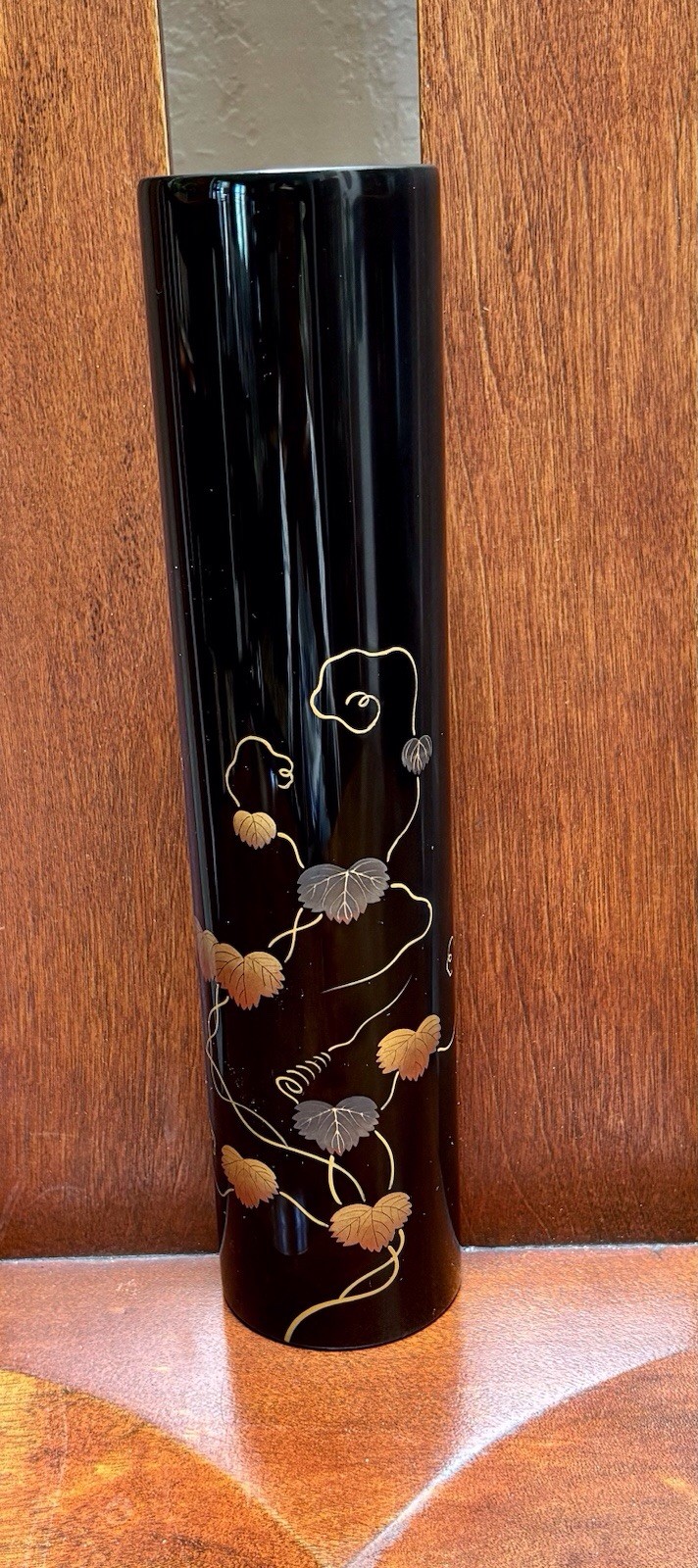 VTG Wajima-Nuri Japanese Black Lacquerware Gold & Silver Leaves Ikebana Vase MCM