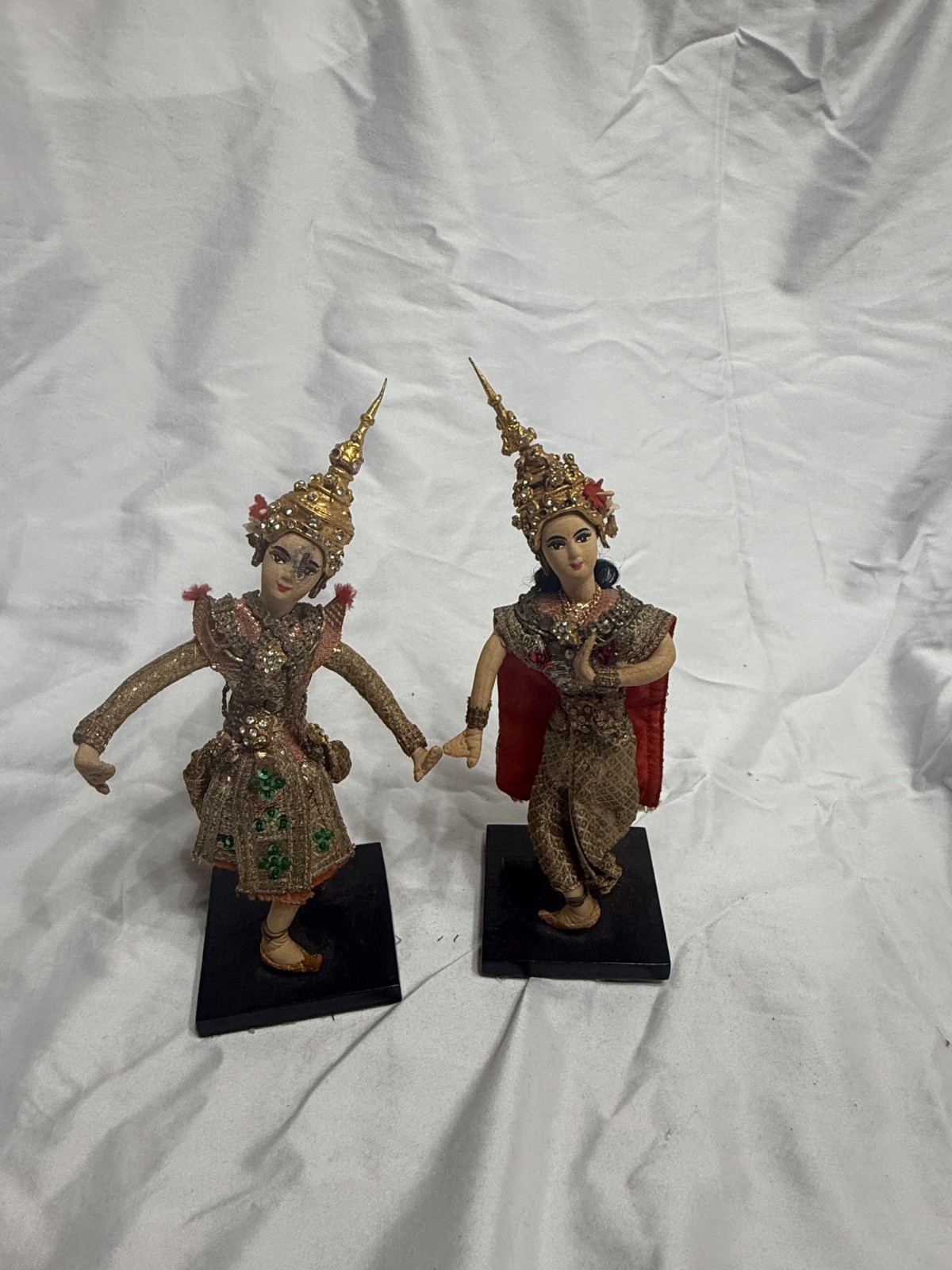 Vintage Thai Dancer Dolls Pair Handmade Thailand Temple Dance Costume Gold Sequi