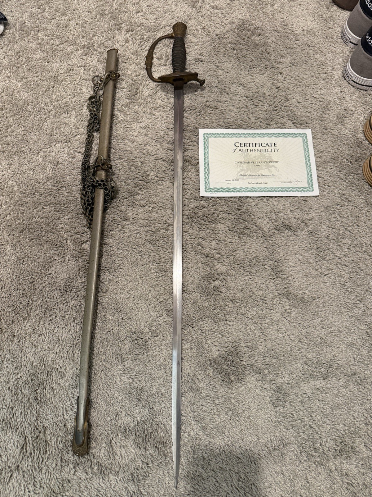 Antique Civil War Veteran’s Sword & Scabbard with Chain Hangers Fagan Arms COA
