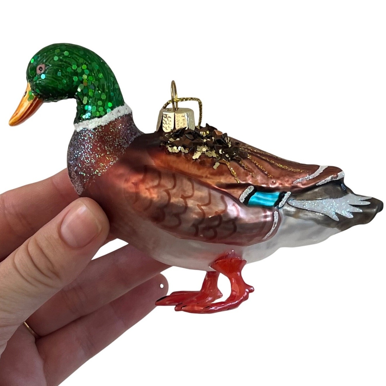 Blown Glass Mallard Duck Christmas Ornament Hand Painted Gold Glitter Hunting