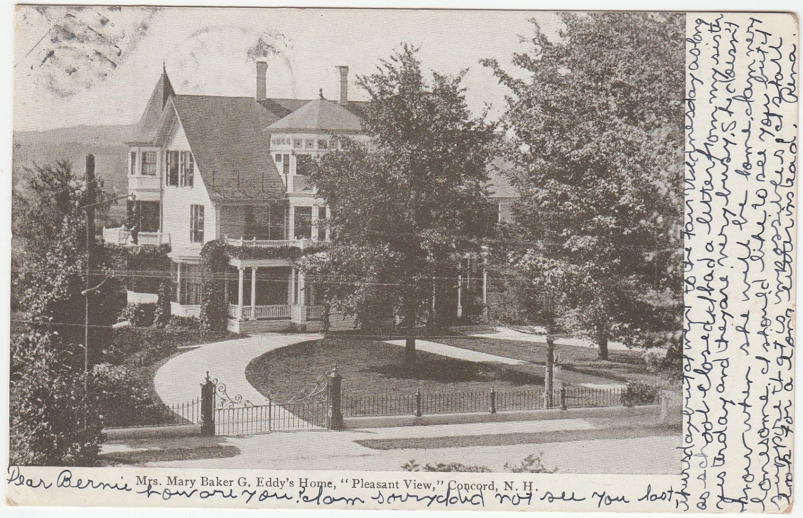 Concord NH postcard - Mrs. Mary Baker G. Eddy's Home - PM 1906 Antrim NH