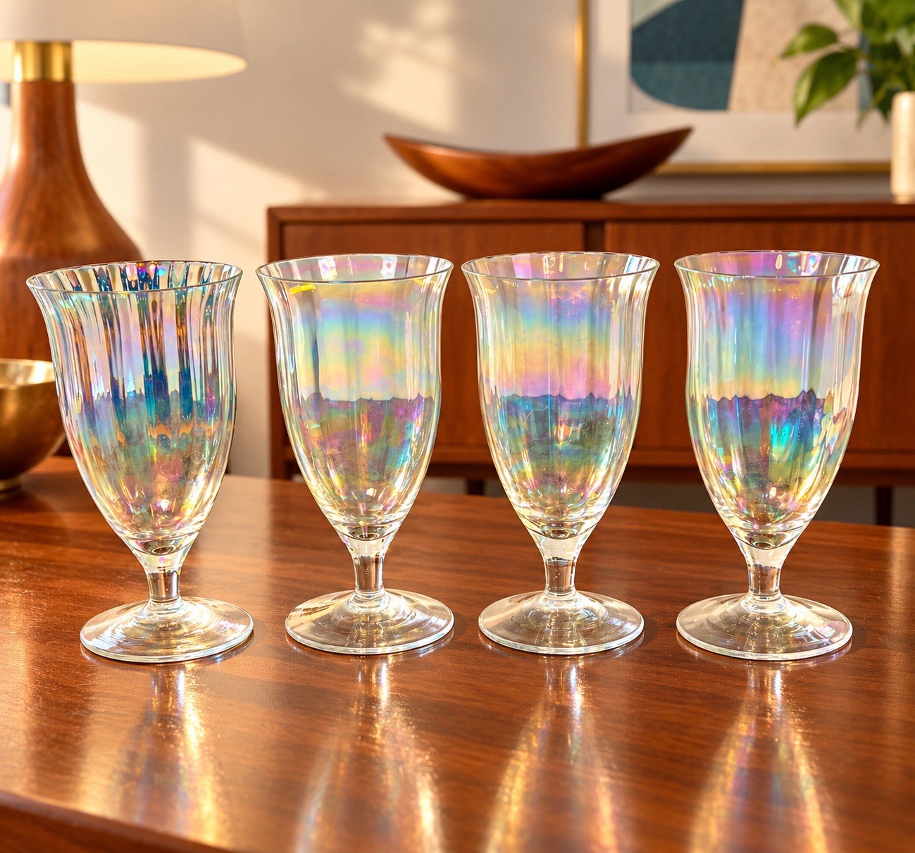 Fostoria 1960s Set Of 4 Ice Tea Goblets Iridescent Lustre Pearl Shell, 3.5x7