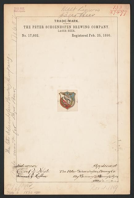 Peter Schoenhofen Brewing Company 1890 Trademark Lager Beer Shield S Logo