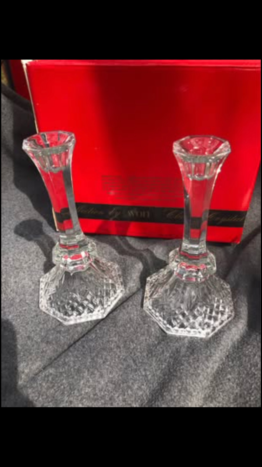 VINTAGE Avon Pair of Lead Crystal Glass Candlestick Holders 8 inches tall w/ BOX