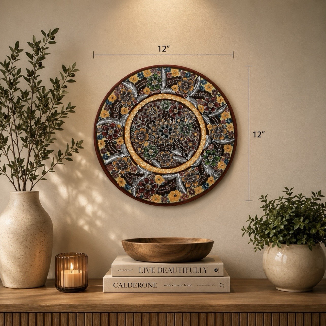 Vintage Hand-Painted Mexican Folk Art Decorative Plate Wall Hanging-Terra Cotta