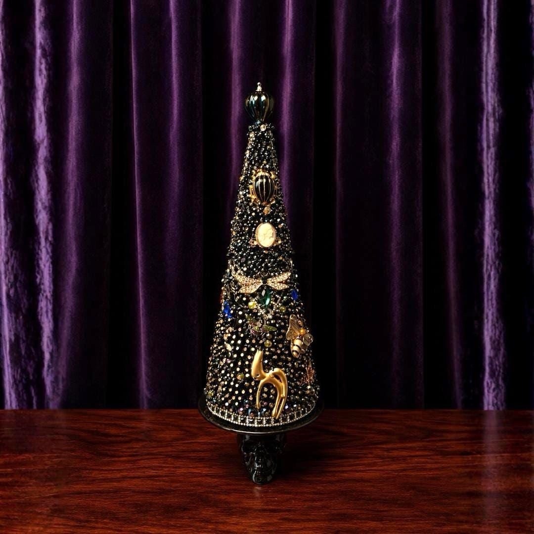 Handcrafted Halloween tree Made With Vintage Jewelry Uranium Glass W/skull Stand