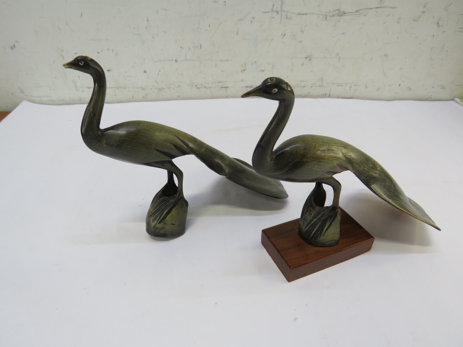 2 Vintage Hand Carved Brown Horn Heron Egrets Shore Birds One With Stand
