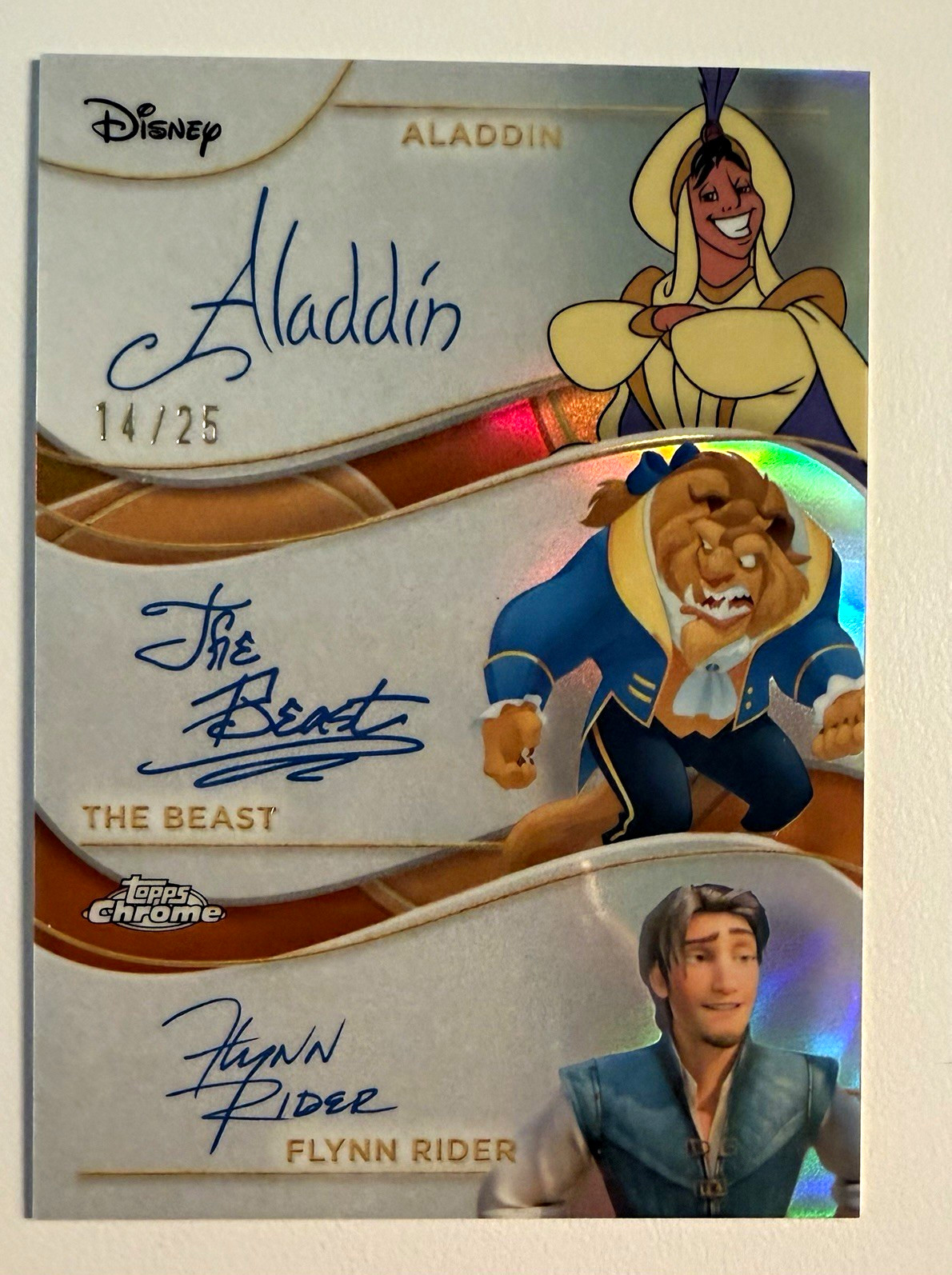 2025 Topps Disney Chrome Aladdin/Beast/Flynn Rider Facsimile Auto /25 TR-4
