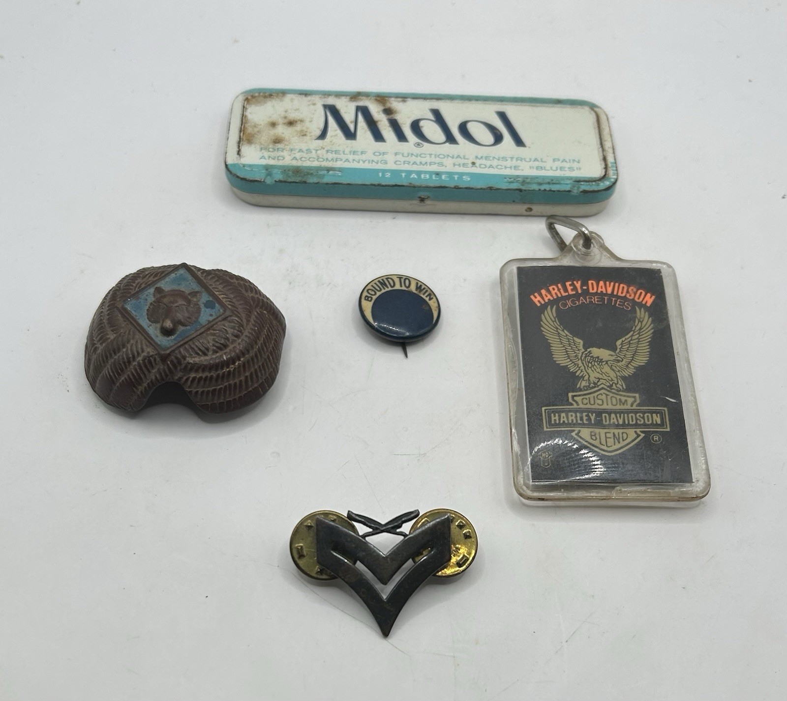 Vintage Junk Drawer Lot Midol Tin Harley Cigarette Keychain Cub Scout Pin USMC
