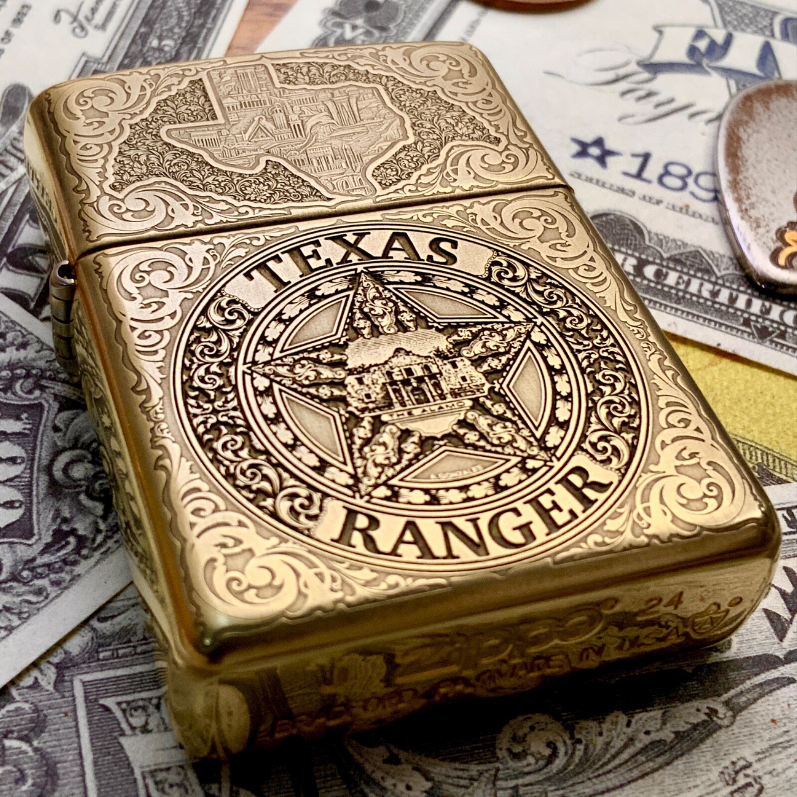 Zippo “Texas Ranger” Badge Themed Engraved Brass Armor Cigarette Cigar Lighter