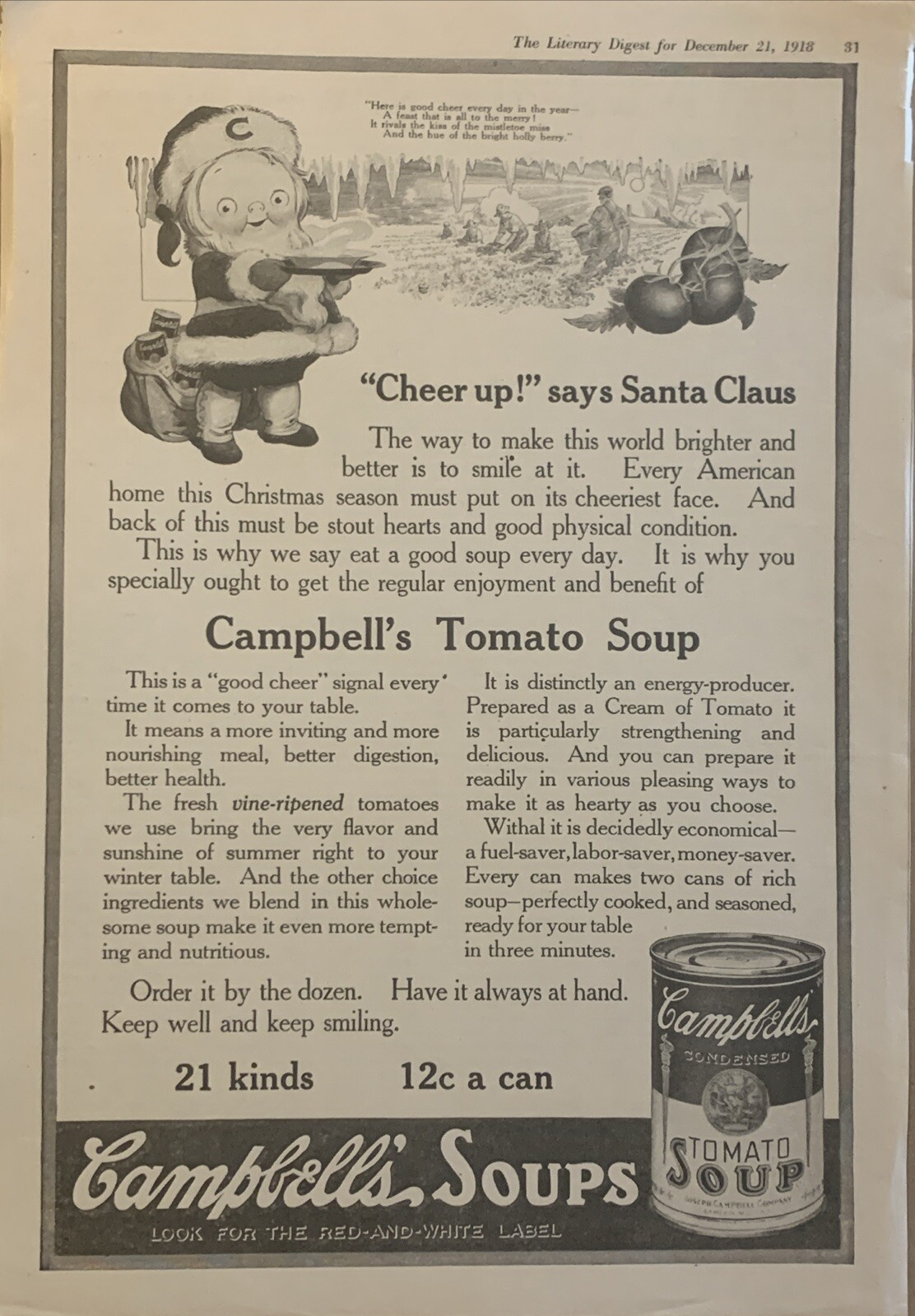 1918 Campbells Tomato Soup PRINT AD Kid Christmas Santa Cheer Up VTG 1910s WWI