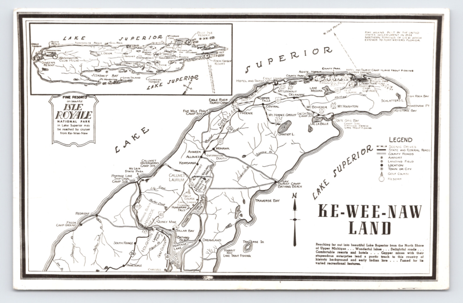 Ke-wee-naw Land Lake Superior Isle Royale Nat\'l Park MI RPPC Map c1940 Postcard
