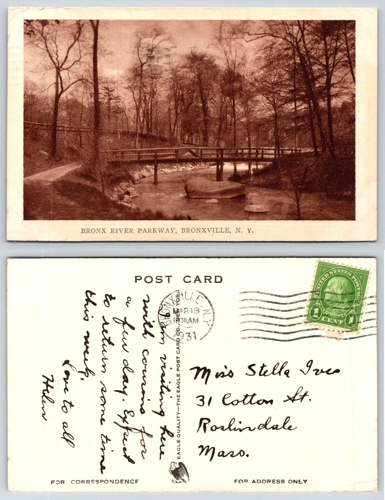 Bronxville New York Bronx River Parkway Bridge Trees Postcard AZ185