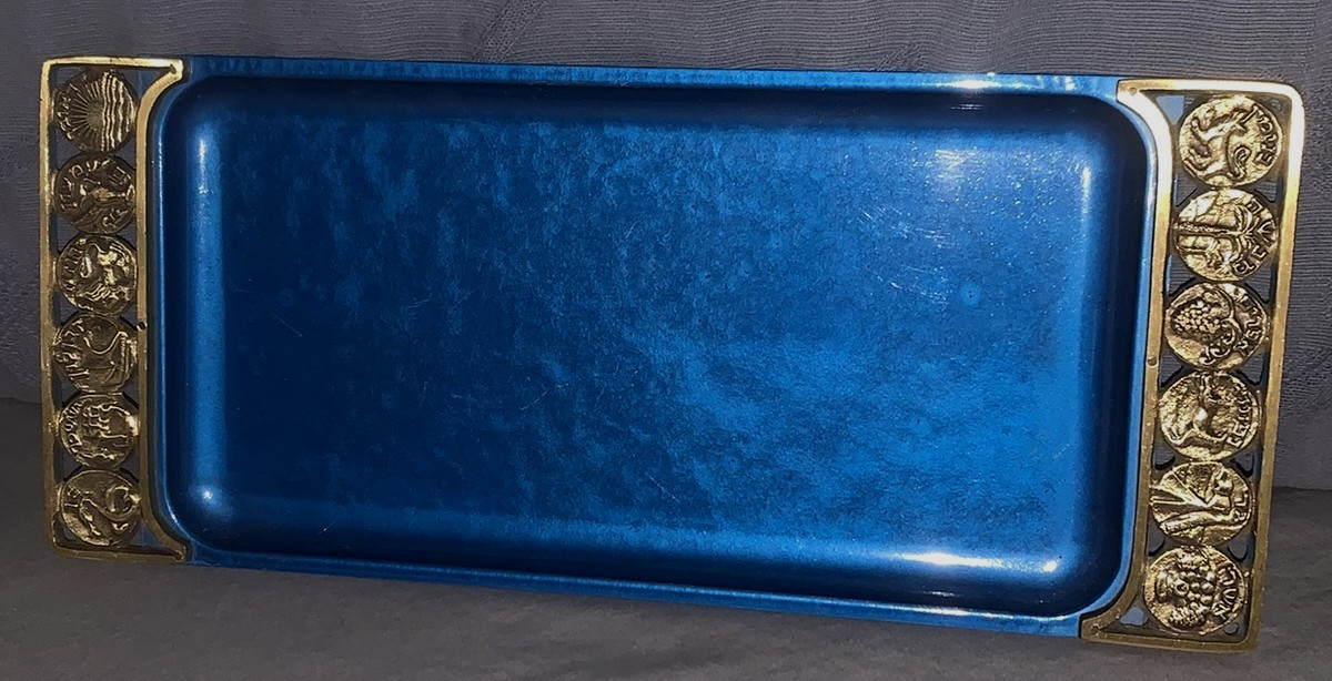 Nice Vintage  Blue Enamel  Metal Tray  with  Zodiac Design Work