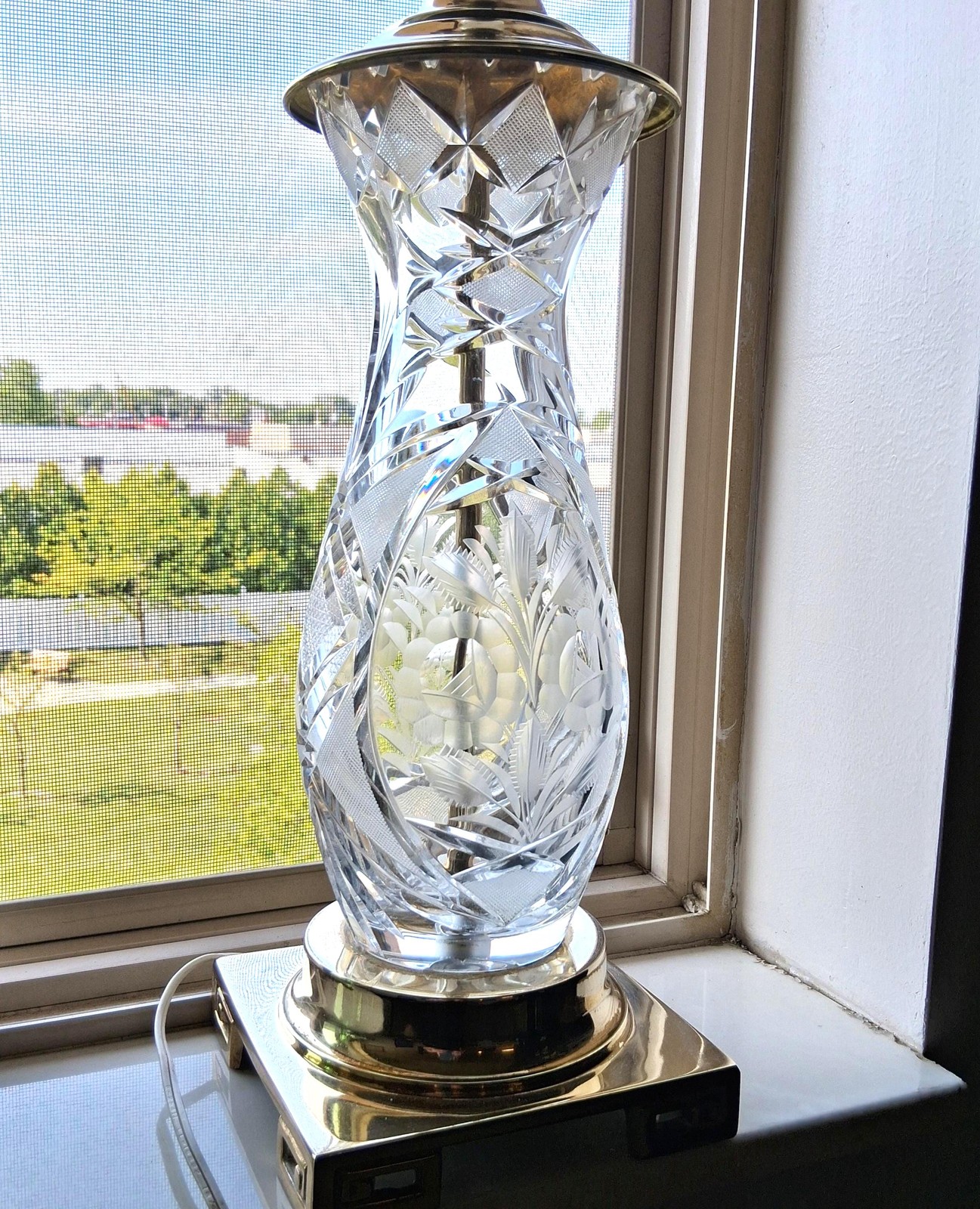 Dresden German Crystal Table Lamp, Floral Spray Design, Asian Brass Base 27