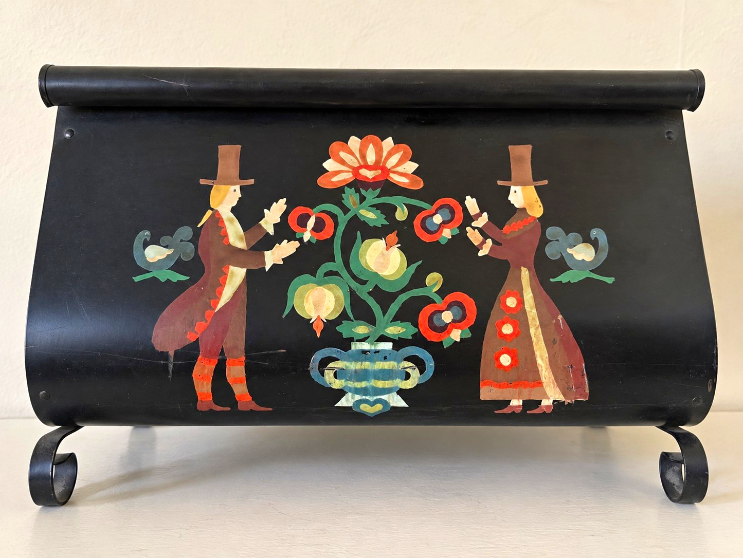 Vintage Black Tole Metal Magazine Rack Folk Art Couple Floral Painted  15x10