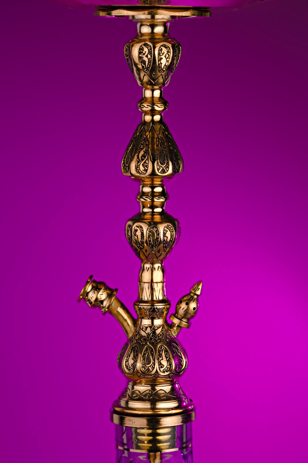 Ornate Gold Tone Metal and Glass Collectible Hookah with Hose and Tray