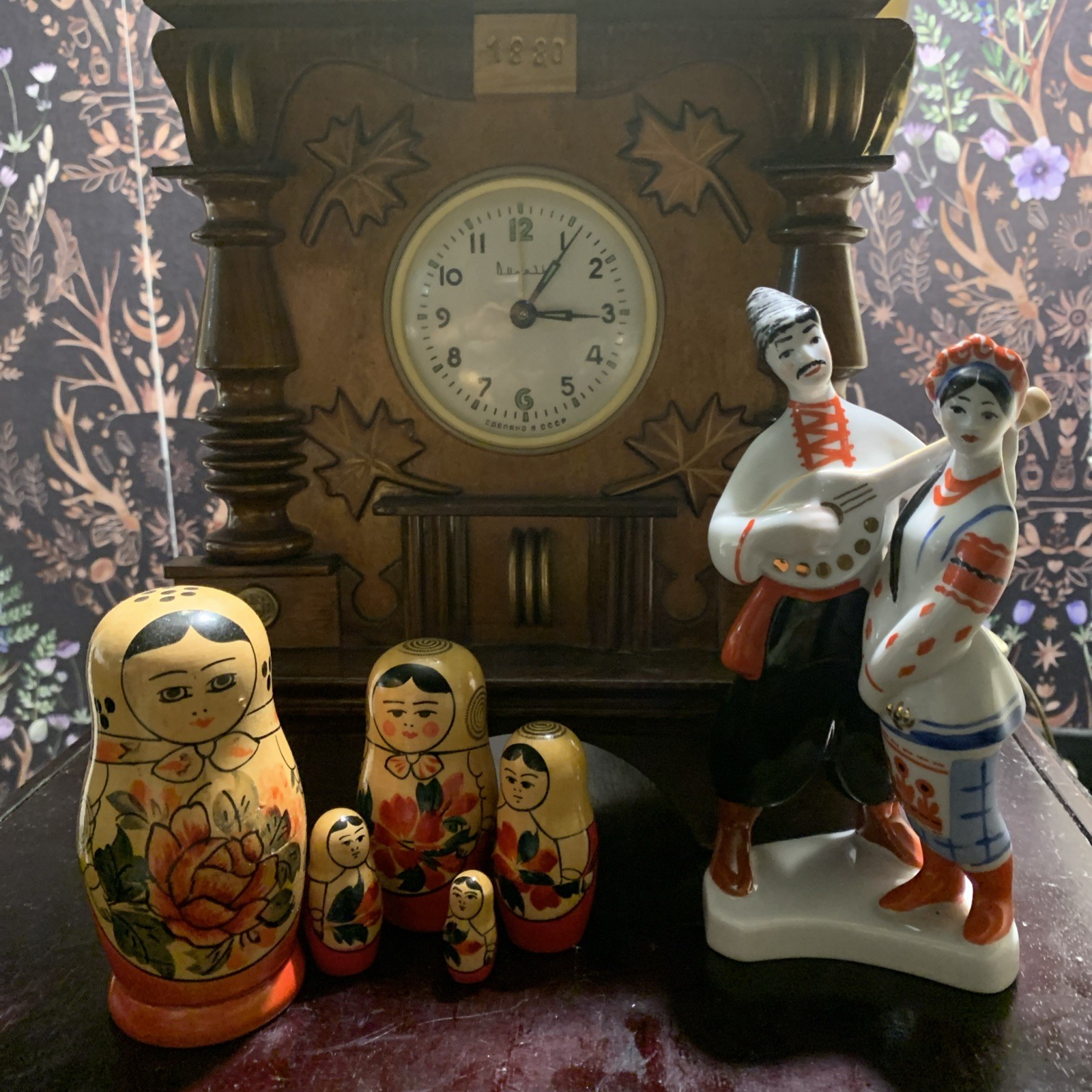 Soviet Lot: Kyiv Figurine, Semyonov Nesting Dolls, Mayak Wood Clock