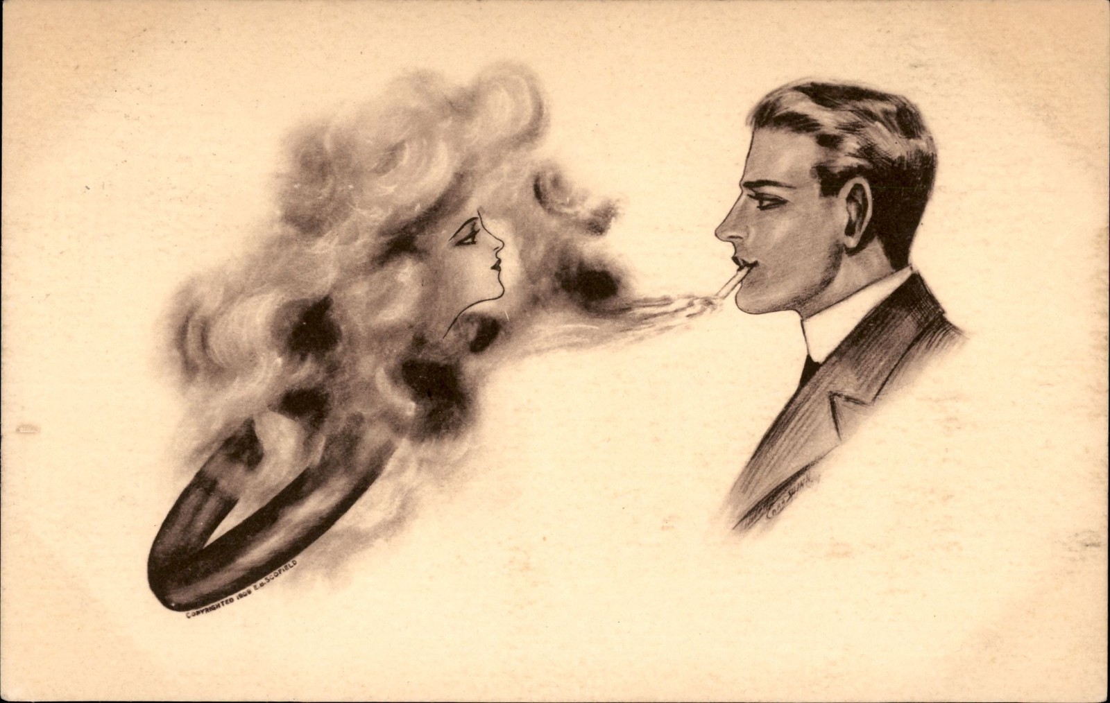 1909 Romance Smoke Girl Man Fantasy Art Postcard E.B. Scofield Kirwin KS