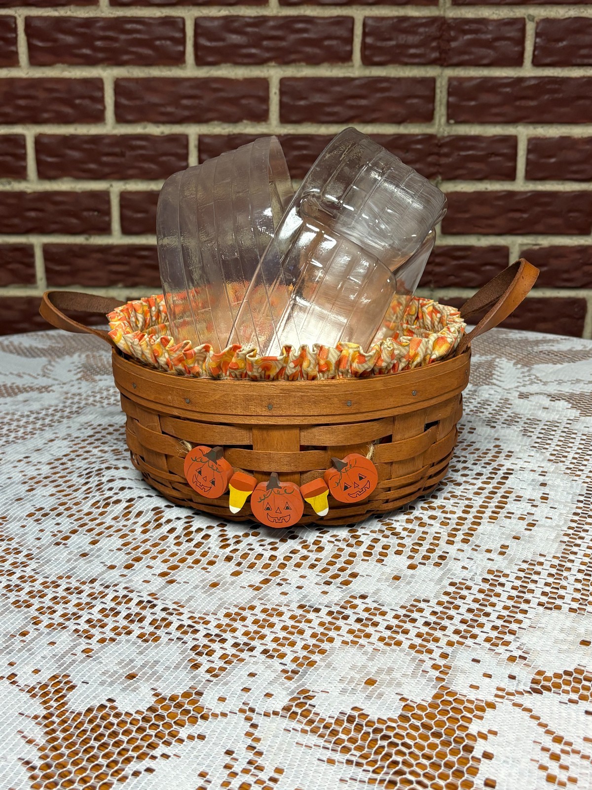Vintage Longaberger Fall Halloween 1989  Darning Basket Candy Corn Wood Tie-On