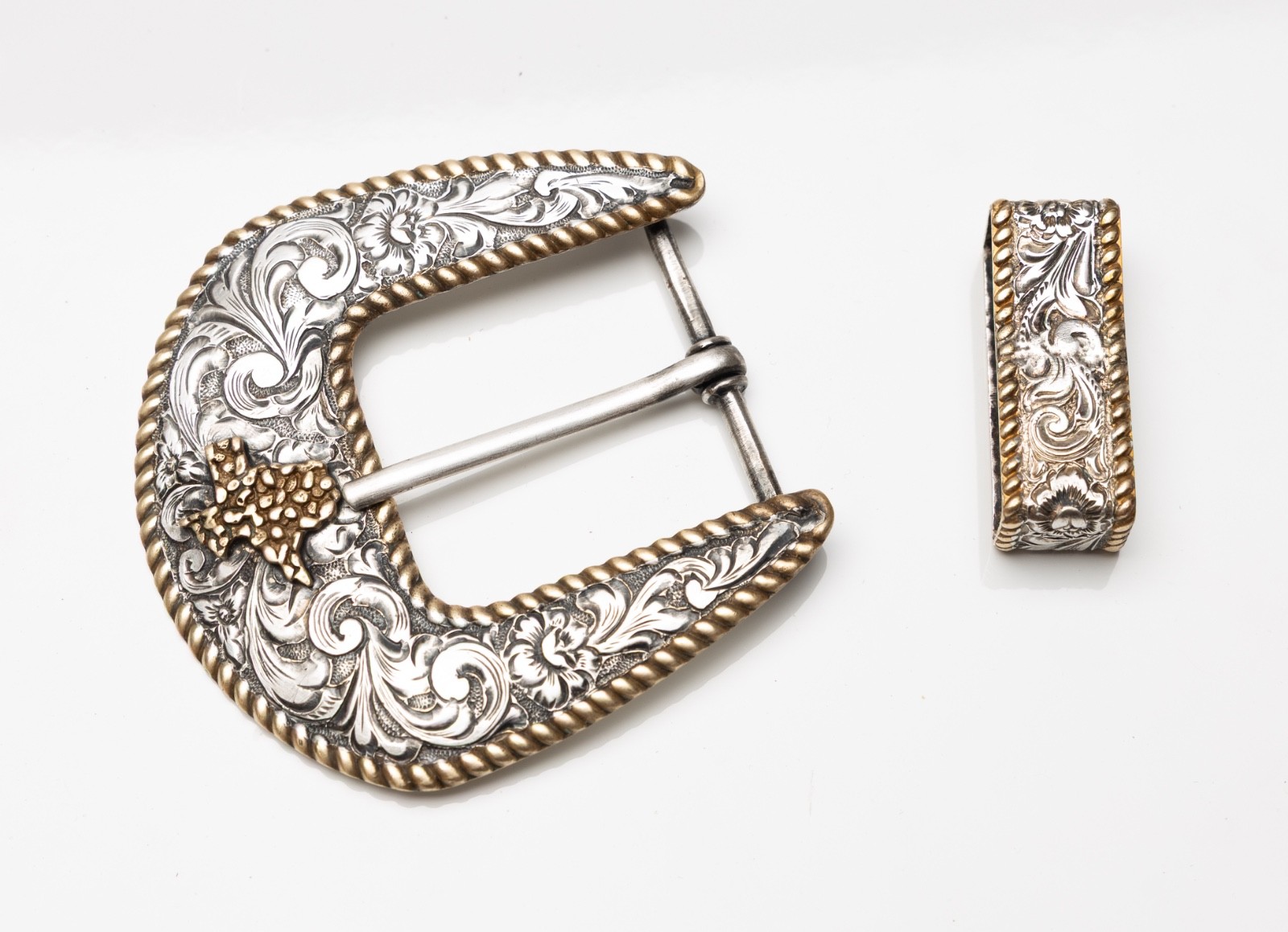 2-Pc Lot Crumrine Texas State Gold Tone & Silver Plate Bronze Belt Loop & Buckle