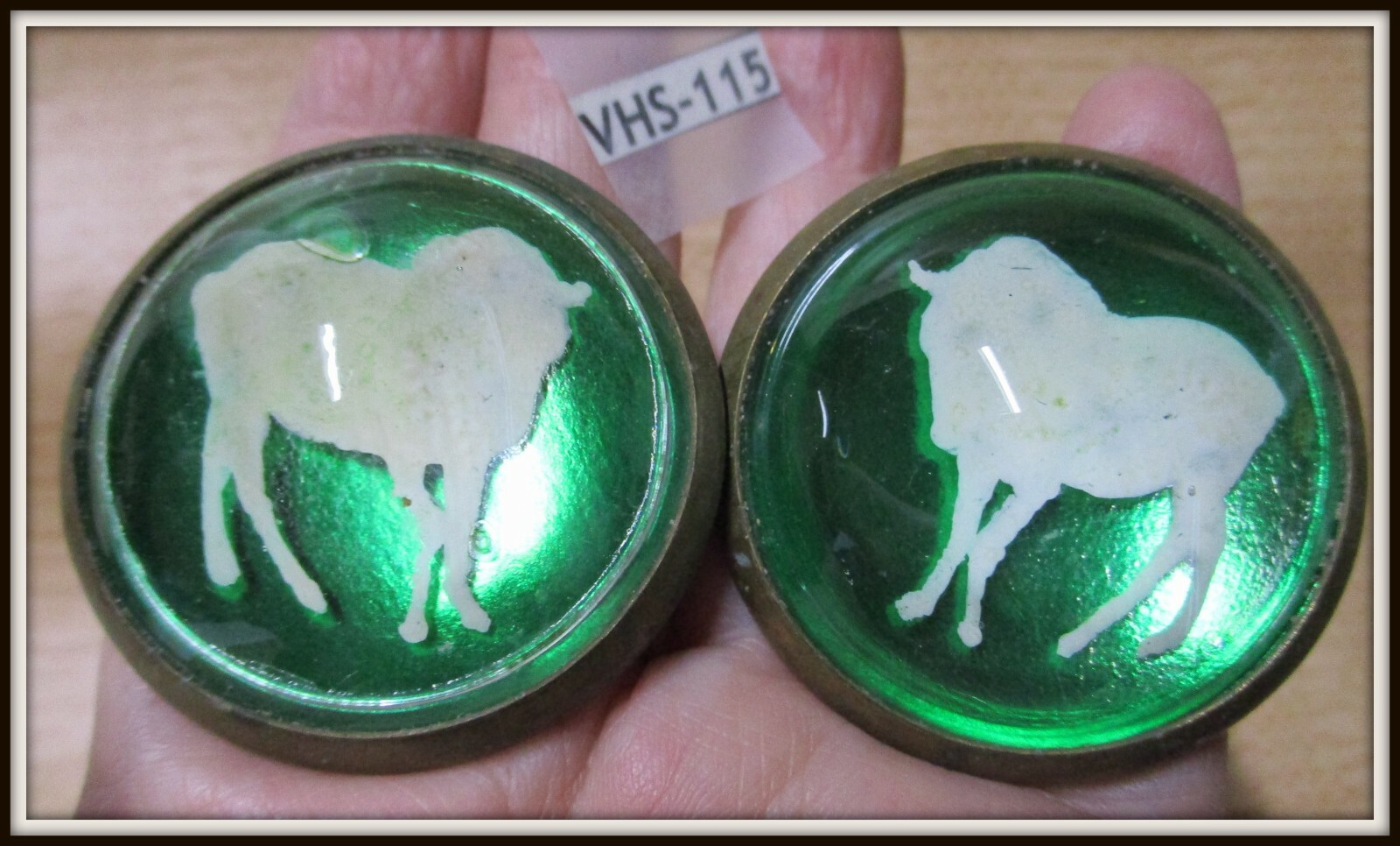 Very old Pair of Glass Horse or Goat Bridle Rosettes with Brass Backs Unusual
