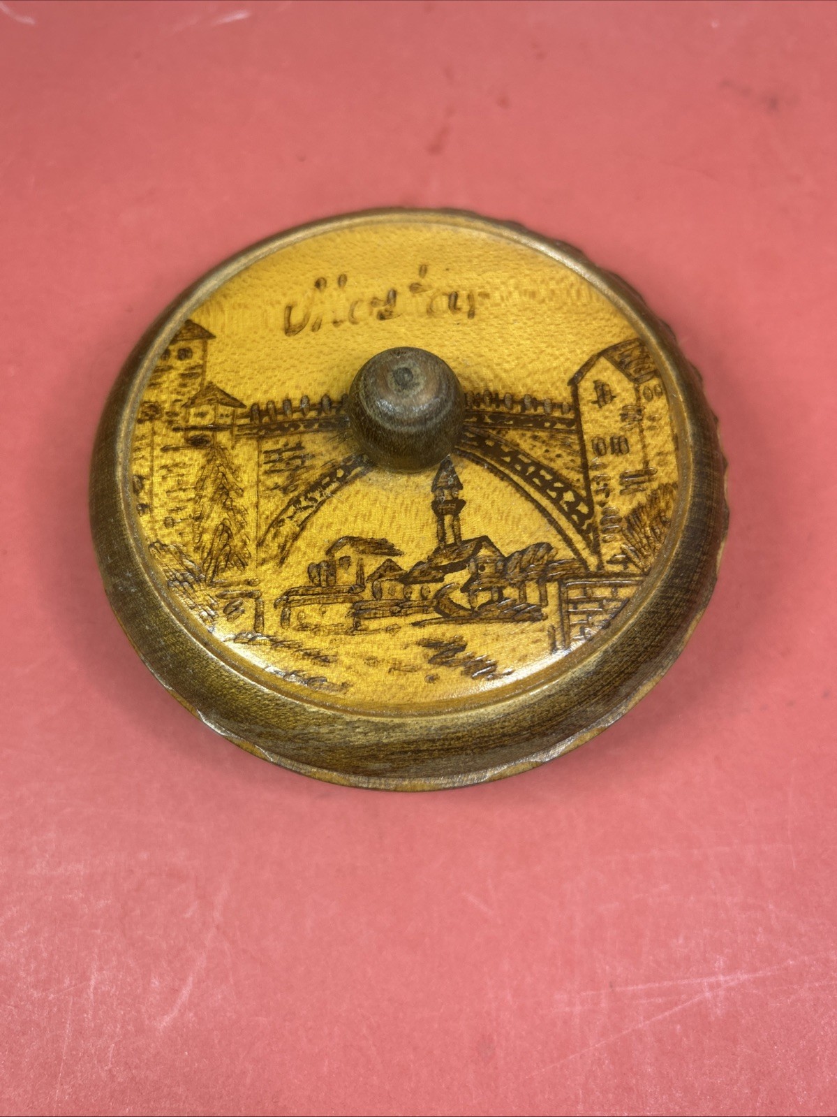 Vintage Wooden Pyrography Lid Mostar Bridge Souvenir Handcrafted Wood Burned Art