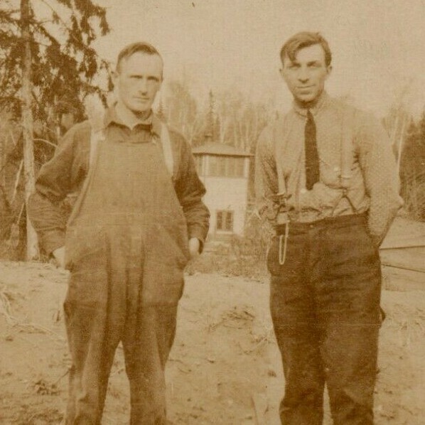 1900s Two Men Blue Collar Farm Overalls Bibs Vintage RPPC B&W White Border AZO