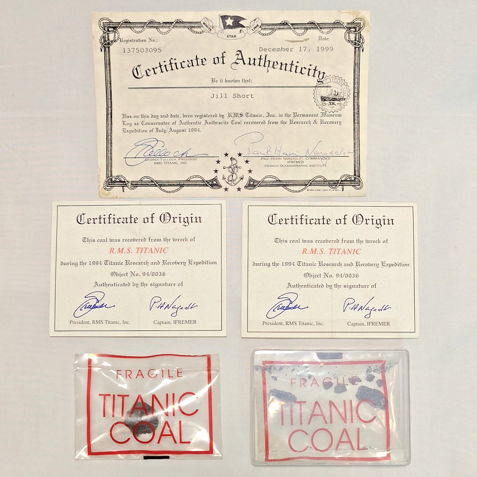 RMS TITANIC Authentic Recovered Coal 1994 Expedition COA signed by PH Nargeolet