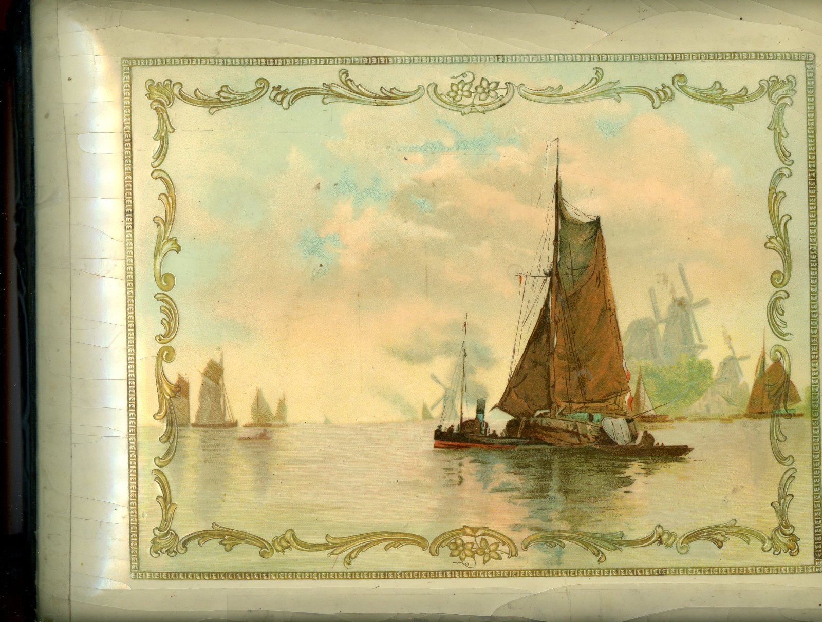 Antique Celluloid Cabinet Photo Album, Ship, Windmill, Cream Color, 54 slots 4x6