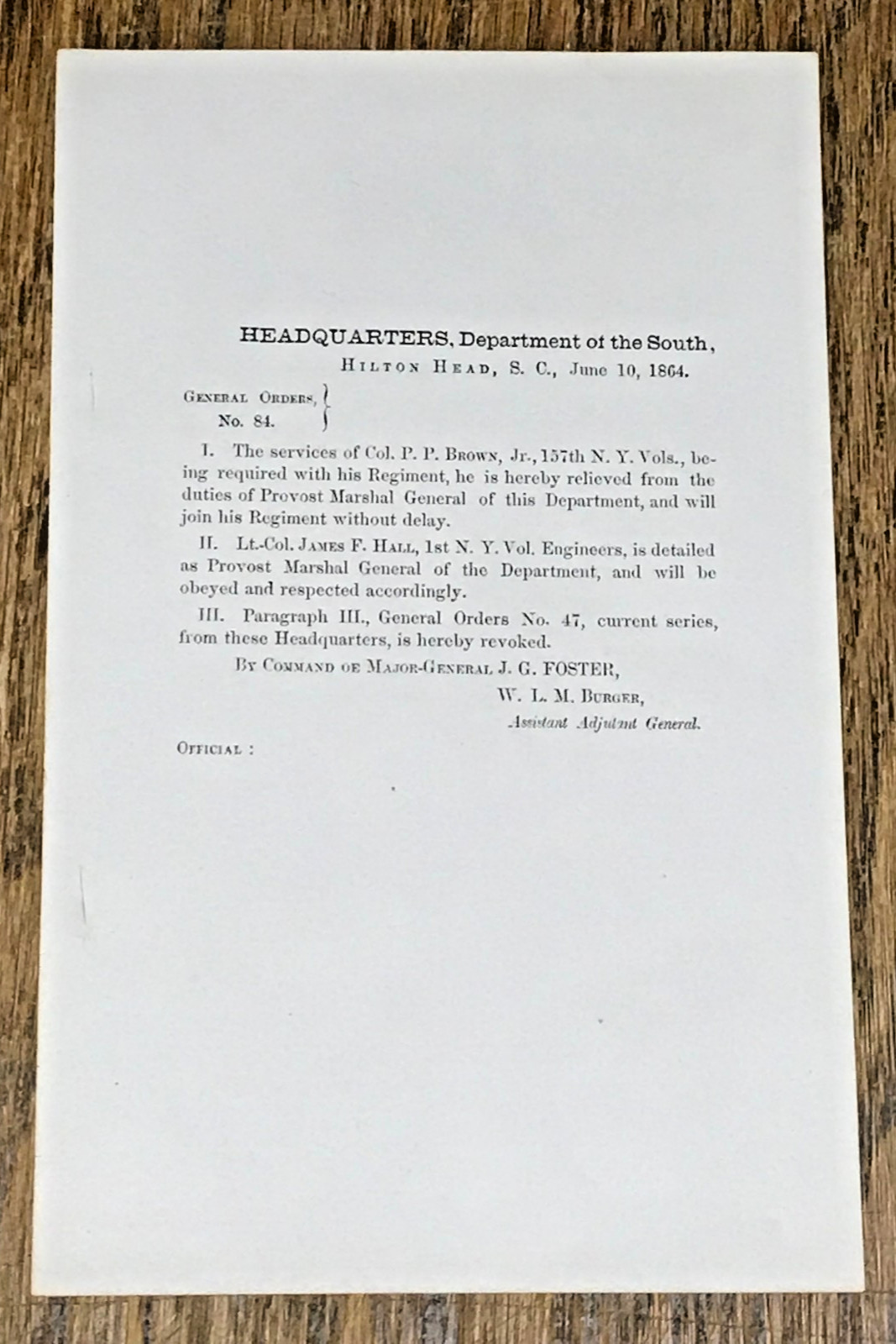 Original 1864 Civil War Orders Hilton Head S.C. N.Y. Vols. Reg. Command Change