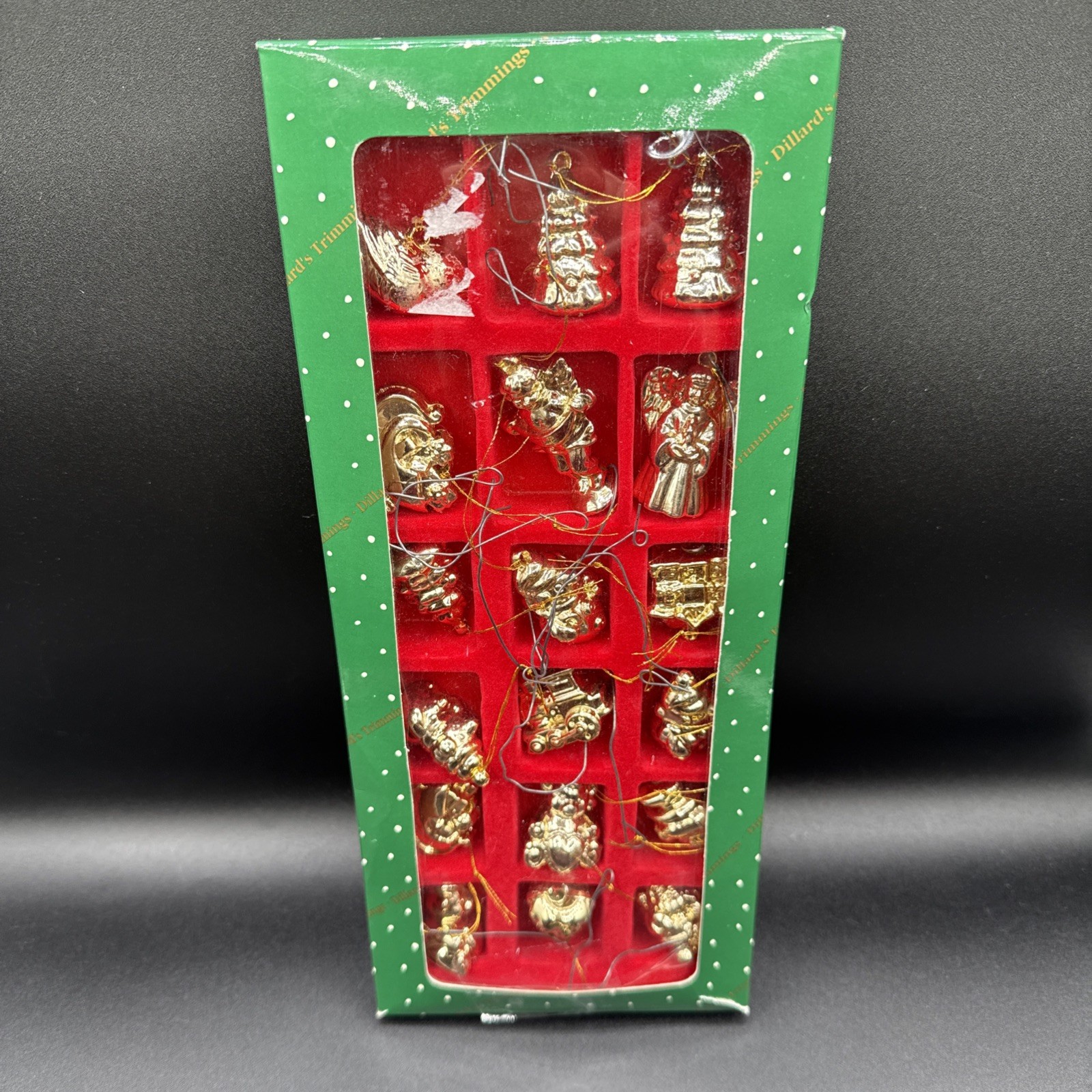 Vintage Dillards Trimmings Christmas Miniature Ornaments Set Of 18 Plastic RARE