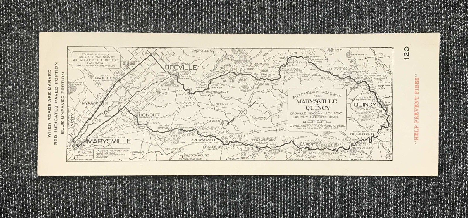 c1910s AAA Auto Club So Cal Strip Road Map #120 Marysville Oroville Quincy CA