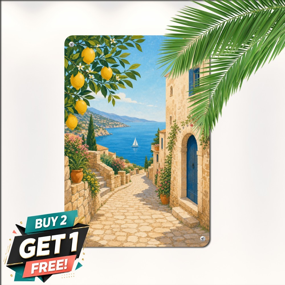 Lemon Tree In Mediterranean Lane Coastal Sailing Bay Plaque Metal Tin Sign