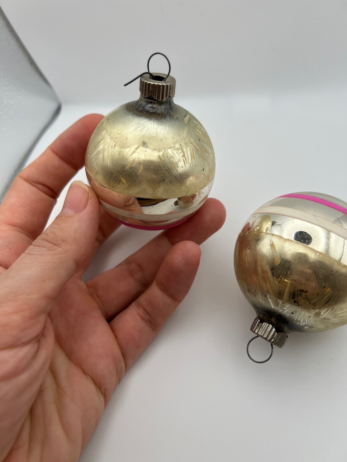 Vintage Striped Shiny Brite Mercury Glass Striped Balls Set of 2 Gold Pink USA