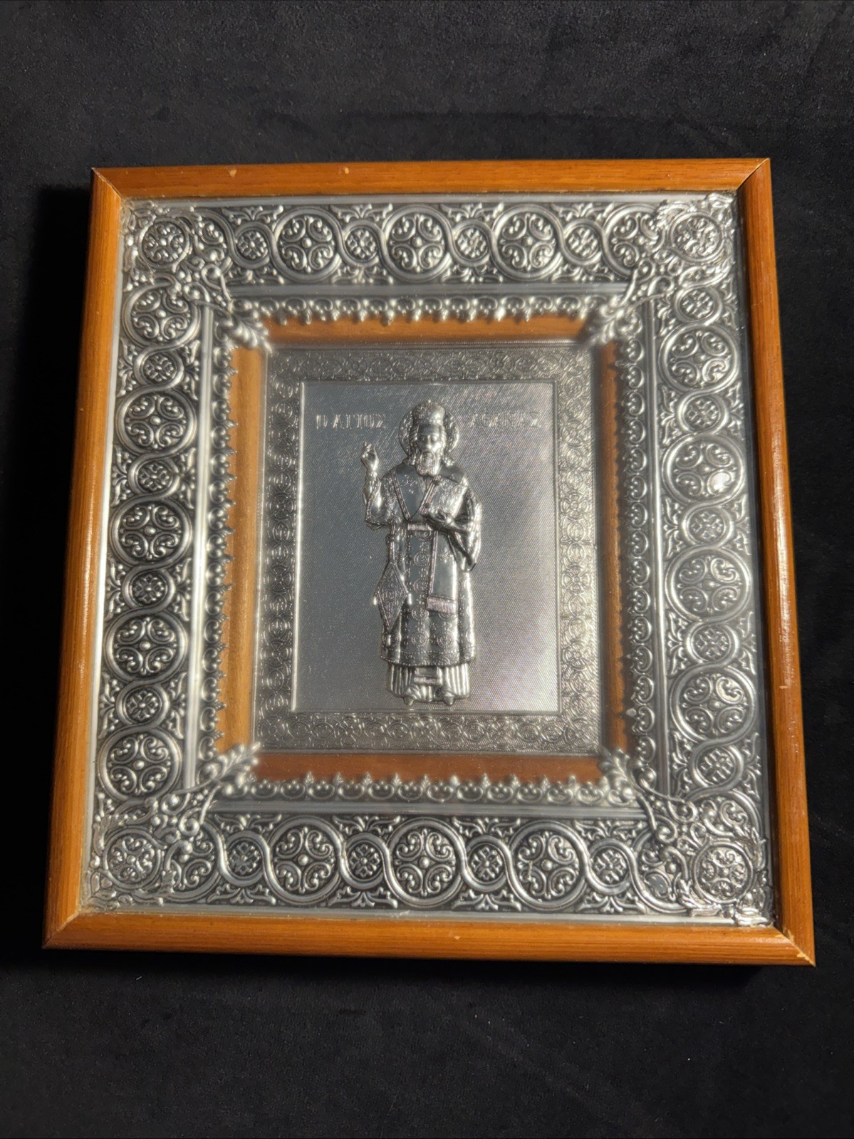 Vintage St Nektarios of Myra Orthodox Icon Silver Tone Metal Framed 8 X 9