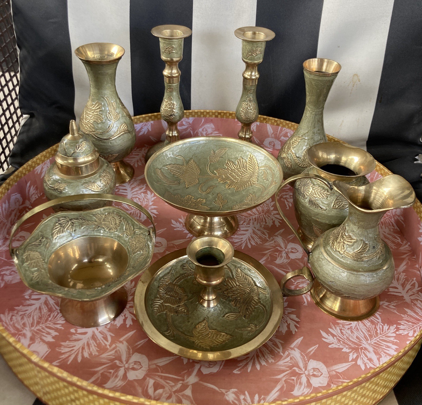 Vintage 10-Piece Mid-Century Indian Enameled Brass Table Top Set
