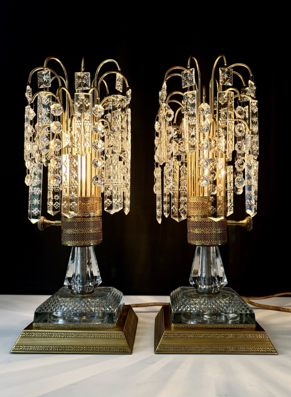 Pair Vintage Hollywood Regency Crystal Waterfall Boudoir Lamps Etched Prisms