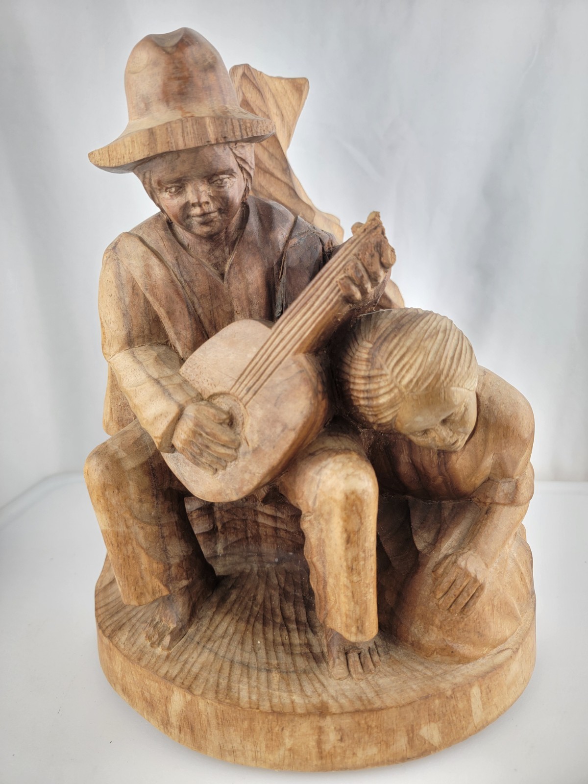 Hand Carved Wooden Trunk Musician Man Guitar and Wife Folk Art