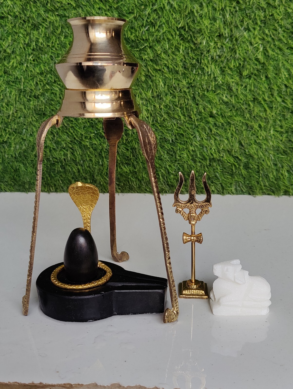 Black Narmadeshwar ShivaLingam Full Set Brass Naag, Nandi, Trishul & Water Stand