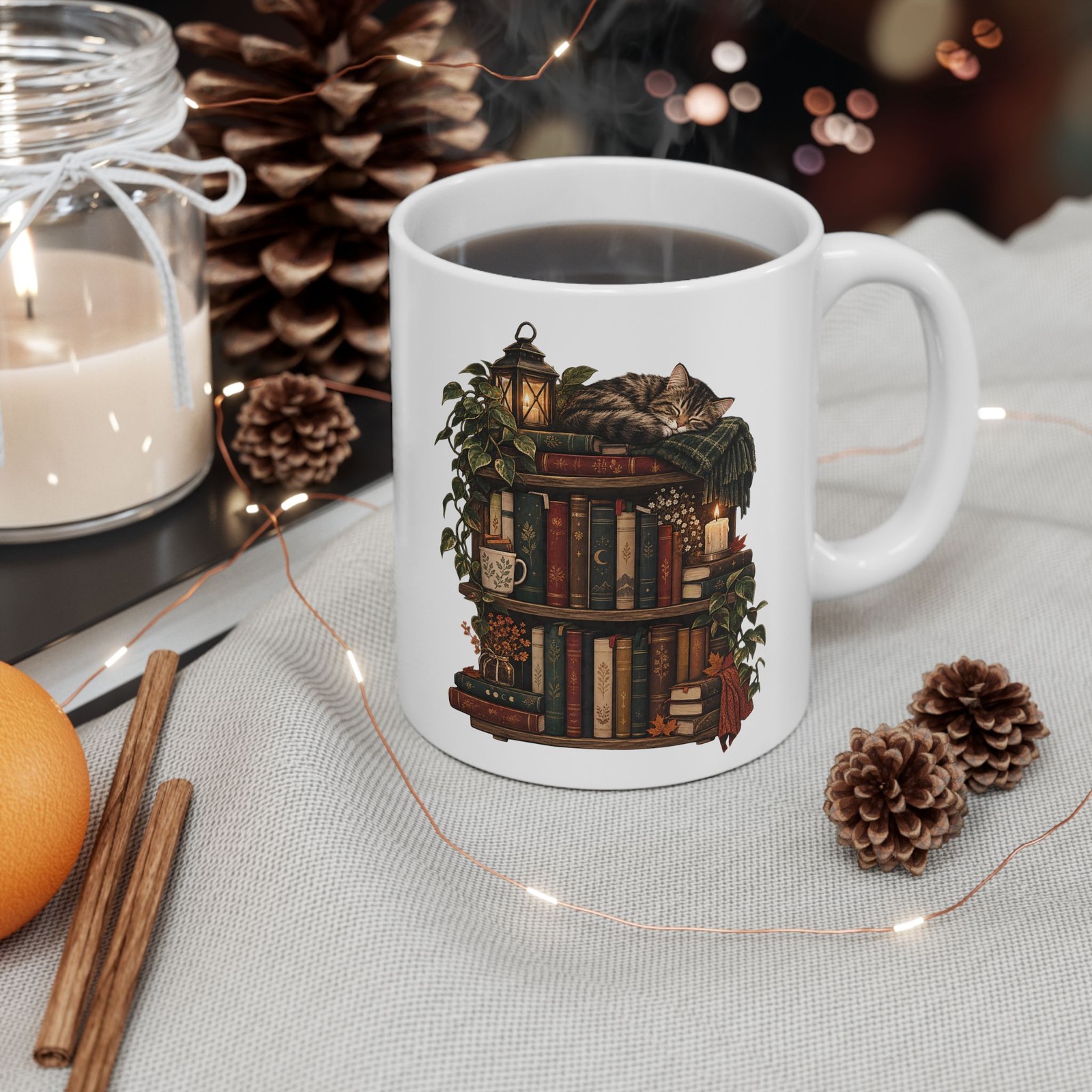 Cozy Cat on Bookshelf Coffee Mug Books and Plants Ceramic Cup Gift 11oz