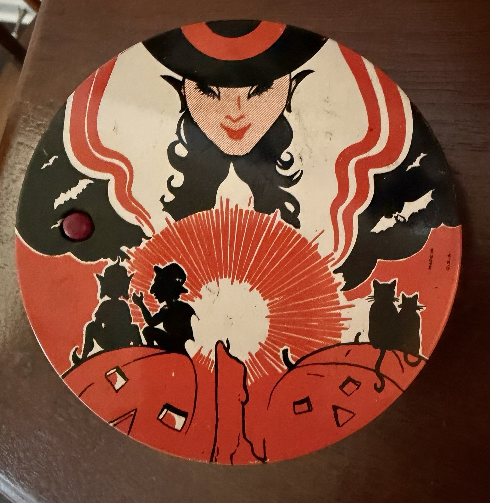 Vintage Halloween Tin & Wood Art Deco Witch Pumpkins Black Cats Noisemaker 