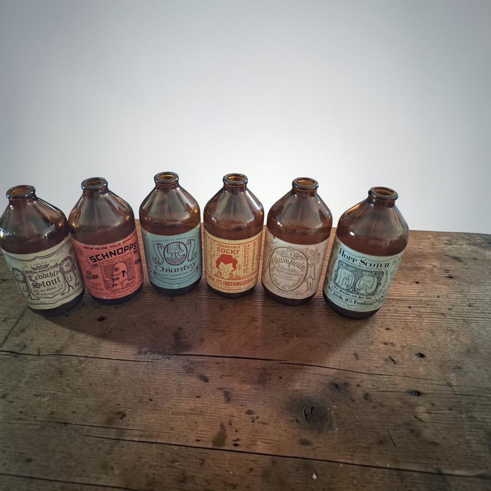 6 Different Vintage Olde Frothingslosh old Beer Bottles (Empty) Collection Look