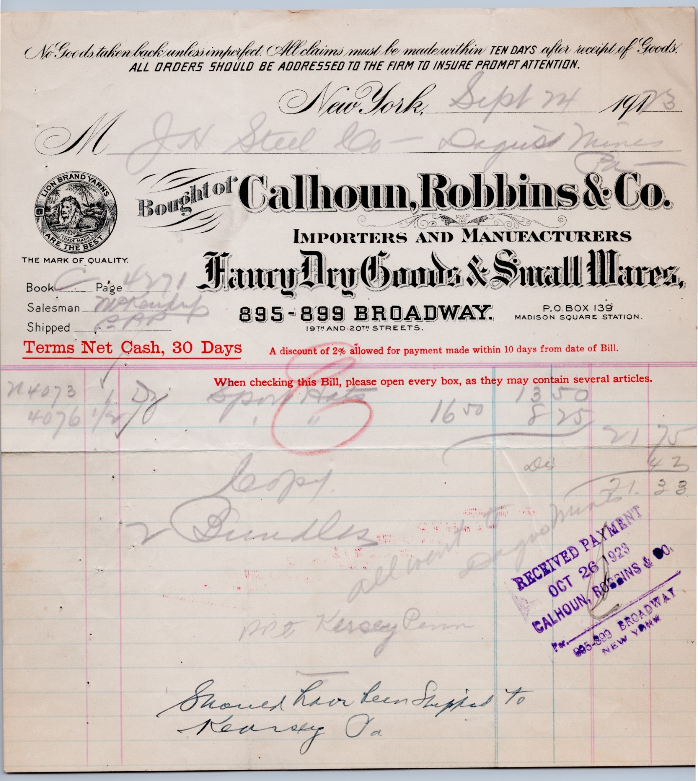 1923 Calhoun Robbins & Co Billhead New York NY Lion Brand Yarns Dry Goods