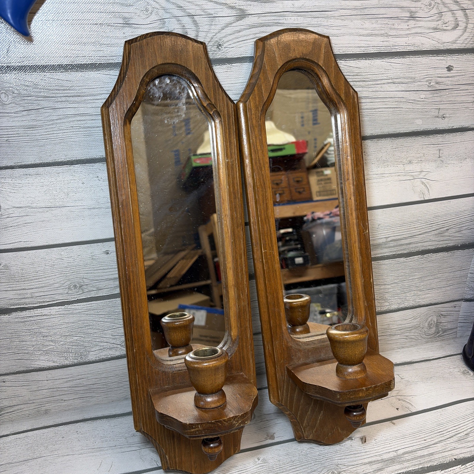 Pair of vintage mirror candle holder wood wall sconces rustic cottagecore 18”