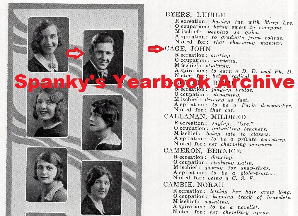 1920s High School Yearbook with composer JOHN CAGE ~ Merce Cunningham ~ 4'33