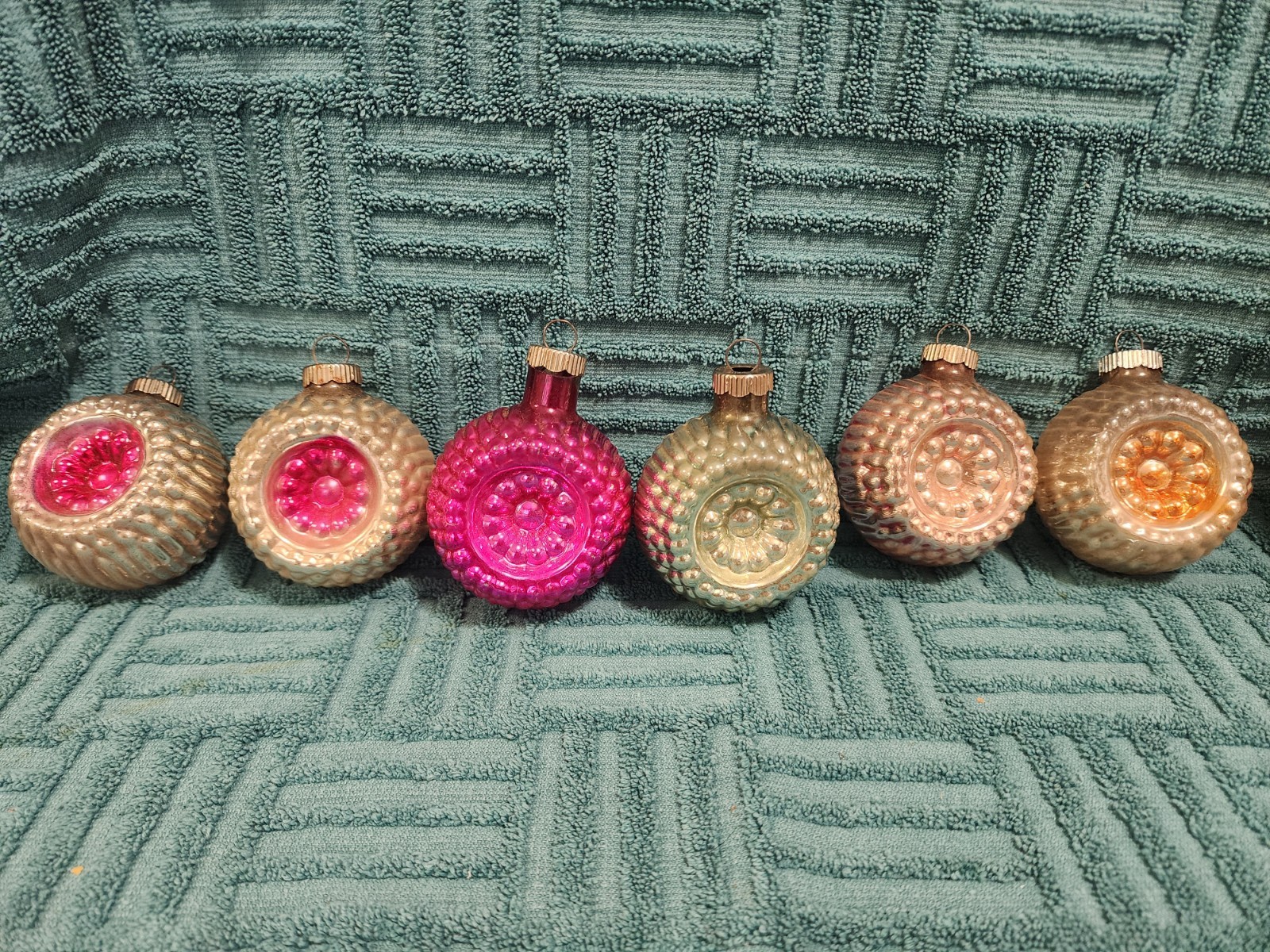 Vintage Glass Double Indent Bumpy Christmas Ornament Shiny Brite Set Of 6
